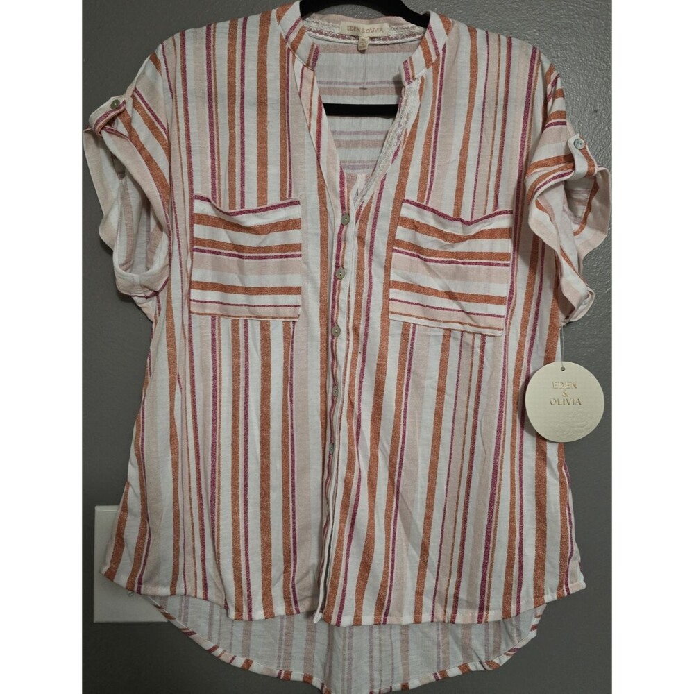Eden & Olivia Striped Button-Up Blouse Roll Tab Sleeve Orange Pink White XL